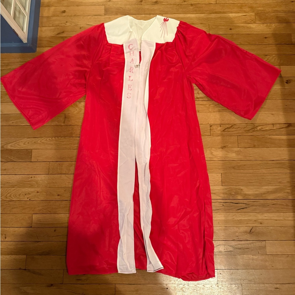 Red confirmation Gown with White Stole name, Charles